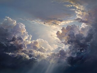 Dramatic Cloudscape with Golden Light Bursting Through, Atmospheric and Majestic.