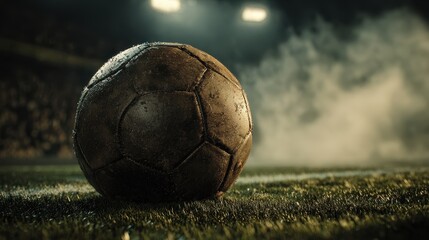Dramatic Close-Up of Vintage Soccer Ball on Grassy Field, Night Game Atmosphere.