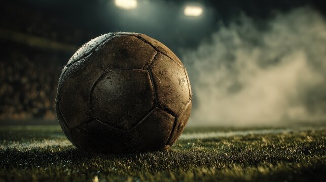 Dramatic Close-Up of Vintage Soccer Ball on Grassy Field, Night Game Atmosphere.