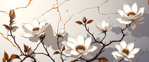 Luxury floral wallpaper featuring 3D embossed blossoms with gold, silver, and marble textures, elegant botanical mural in rich colors, abstract illustration for art prints, seamless 4K decorative back