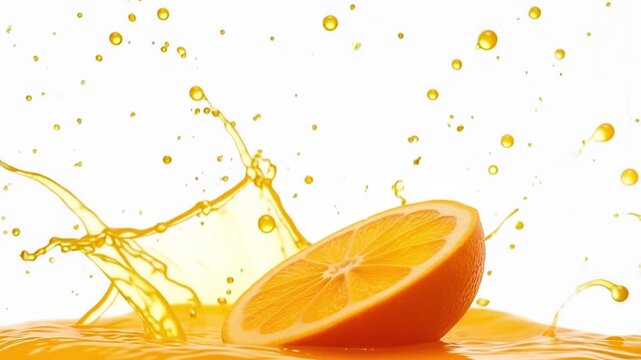 Invigorating orange slice exploding with juicy flavor in a dynamic splash, perfect for healthy lifestyle advertising and refreshing beverage promotions