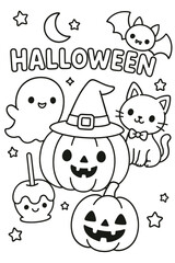 Fototapeta premium A funny cartoon illustration set of animal character faces and people for a seamless Halloween coloring book pattern design