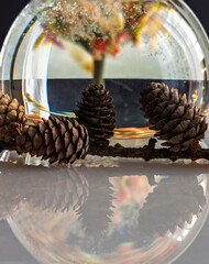 Christmas ball with Christmas decorations and pine cones
