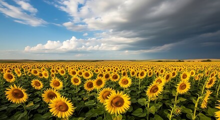 Fototapeta premium A vast sunflower field under a dramatic sky