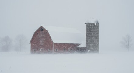 Rustic red barn and silo in winter snowstorm cloudy sky rural landscape
