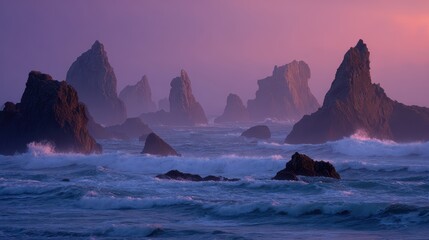 Dramatic Coastal Sea Stacks Emerge from Misty Ocean Waves Under a Vibrant Purple and Pink Sunset Sky.