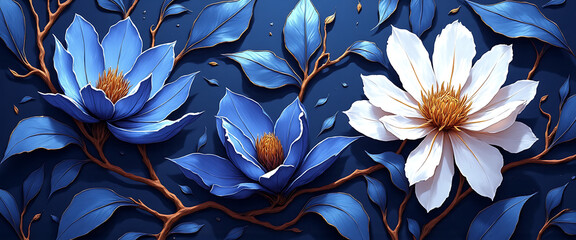 Luxury floral wallpaper featuring 3D embossed blossoms with gold, silver, and marble textures, elegant botanical mural in rich colors, abstract illustration for art prints, seamless 4K decorative back