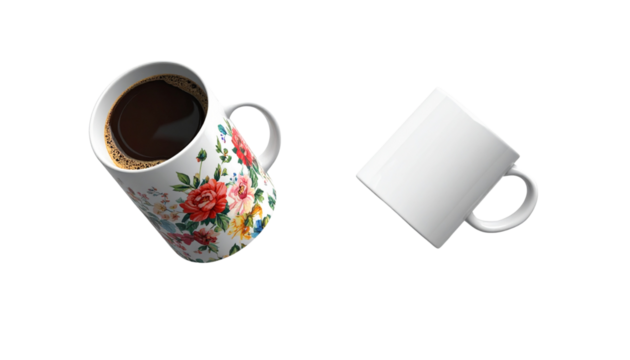 Set of Coffee Mugs Plain and Decorative isolated on transparent background
