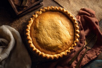 Delicious freshly baked pie is displayed with a golden crust, sitting in a glass pie dish on a rustic wooden table.