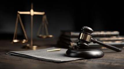 Dramatic Gavel, Golden Scales of Justice, and Books on Dark Wood Table, Symbolizing Law and Authority.