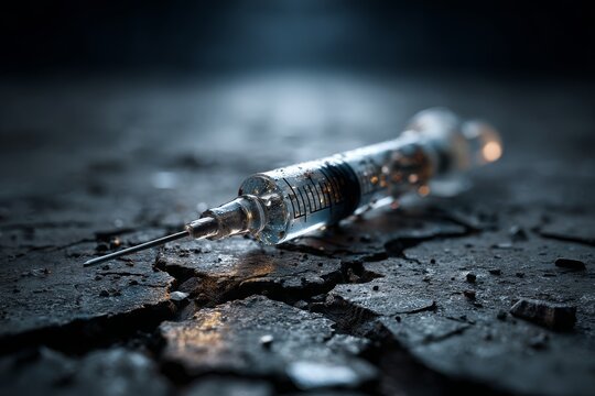 A stark syringe lies on a dramatically cracked, desolate, dark ground, symbolizing despair.