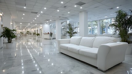 empty office lounge modern sofa white walls spacious open plan interior