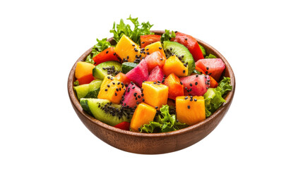 Colorful Fruit Salad in Wooden Bowl isolated on a transparent background