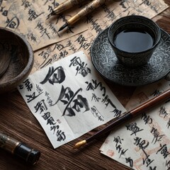 A traditional calligraphic setup is showcased on a weathered wooden surface, featuring meticulously written characters, fine calligraphy pens with ornate details, a decorative teacup, and scattered...