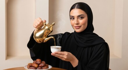 A woman in traditional attire pours steaming coffee from a decorative pot into a small cup, with dates on a plate nearby.