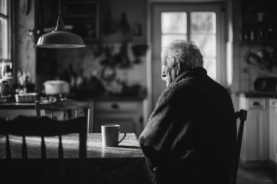 Elderly man sits at kitchen table, quietly gazing out window, in solitude.