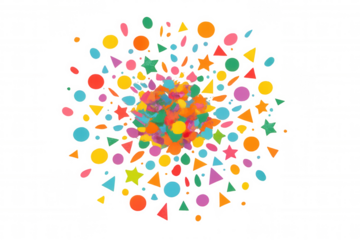 Colorful confetti shapes bursting outwards, illustrating joy, success, and festive events. Transparent background