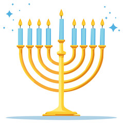 Golden Chanukah Menorah with lit blue candles and sparkling stars