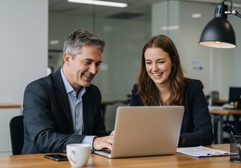 Business Colleagues Laughing at Laptop in Modern Office