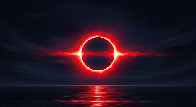 Red glowing ring over dark water with intense light reflection - Powered by Adobe