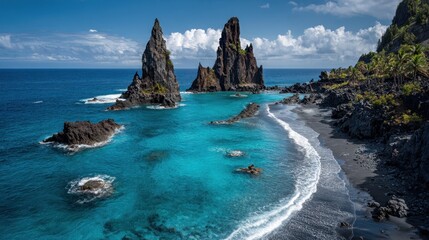 Dramatic Jagged Sea Stacks Emerge from Turquoise Waters on a Remote Volcanic Beach.