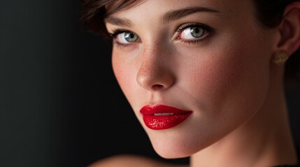 Woman in Studio with Red Lipstick, Captivating Expression, and Natural Beauty
