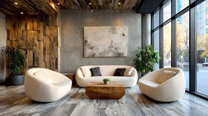 empty coworking breakout area modern sofa chairs clean design