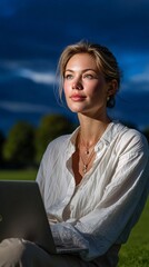 Woman in Park Enjoying Leisure Time with Laptop on a Sunny Day
