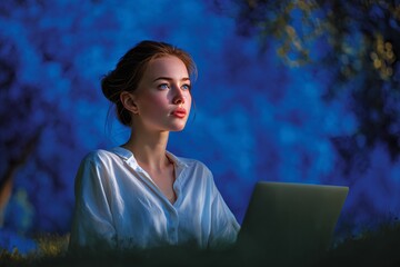 Young Woman in Park with Laptop Enjoying Evening Tranquility Amid Nature