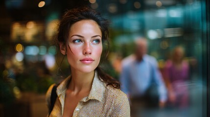 Young woman gazes thoughtfully through glass in urban setting reflecting life