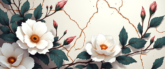 Luxury floral wallpaper featuring 3D embossed blossoms with gold, silver, and marble textures, elegant botanical mural in rich colors, abstract illustration for art prints, seamless 4K decorative back