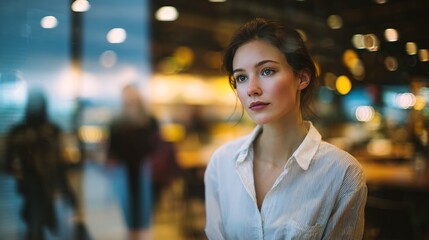 Reflective Woman Gazes Through Glass in Urban Setting with Abstract Lights