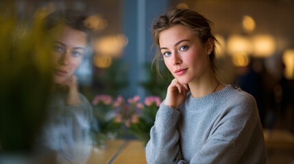 Young Woman in Cafe Reflecting on Life Through Glass Window in Autumn