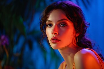 Elegant Woman Daydreaming in a Mystical Room with Colorful Lighting