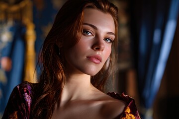 Woman in Elegant Attire Reflecting in a Magical and Mystical Setting