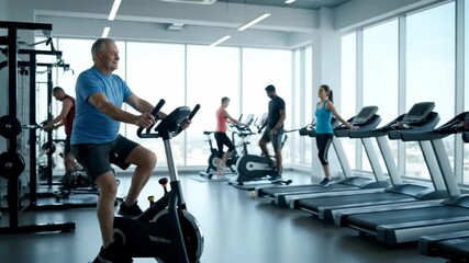 Senior man enjoys cycling on stationary bike in a bright gym filled with fitness equipment. Sunlight streams through large windows, creating an uplifting atmosphere