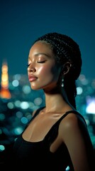Serene Portrait of Woman Enjoying Nighttime Cityscape with Reflections and Elegance