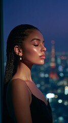 Elegant Woman in Silk Dress Posing Thoughtfully by a City Skyline at Dusk