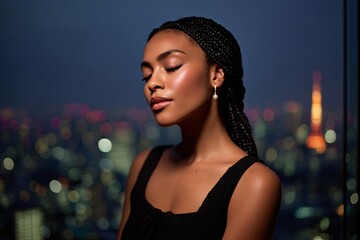 Elegant Portrait of Woman in Black Dress Against Vibrant City Skyline