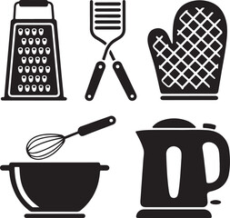 Assortment of Black Kitchen Utensil Silhouettes and Appliances on White Background Keywords: kitchen, utensils, cooking, preparation, tools, equipment, grater, tongs, oven mitt, whisk, bowl