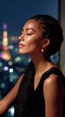 Serene Portrait of Elegant Woman with City Skyline Illuminated at Night