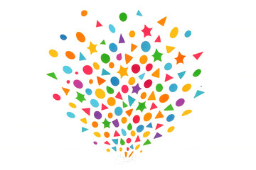 Bright multi-colored confetti shapes, including circles, stars, and triangles, exploding outwards. Transparent background