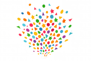 Bright multi-colored confetti shapes, including circles, stars, and triangles, exploding outwards. Transparent background