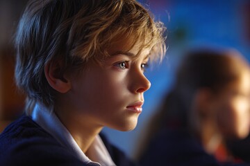 Young Boy in Classroom Deep in Thought Beside Classmate in Blue Uniform