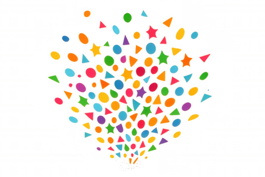 Bright multi-colored confetti shapes, including circles, stars, and triangles, exploding outwards. Transparent background