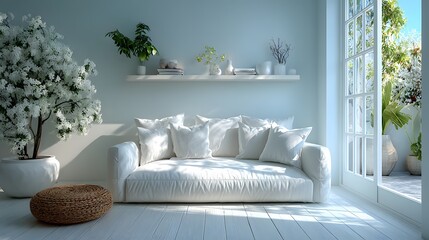 smart home living room empty sofa clean interior bright lighting modern minimal design