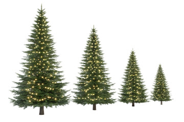 Obraz premium A row of four christmas trees of varying sizes decorated with white lights against black background