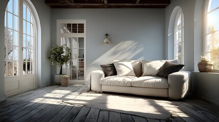 smart home living room empty sofa clean interior bright lighting modern minimal design