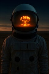 astronaut helmet nuclear explosion reflection mushroom cloud apocalyptic disaster scene dramatic surreal concept photography