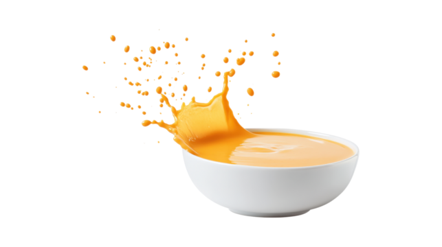 Orange soup splash in white bowl isolated on a transparent background